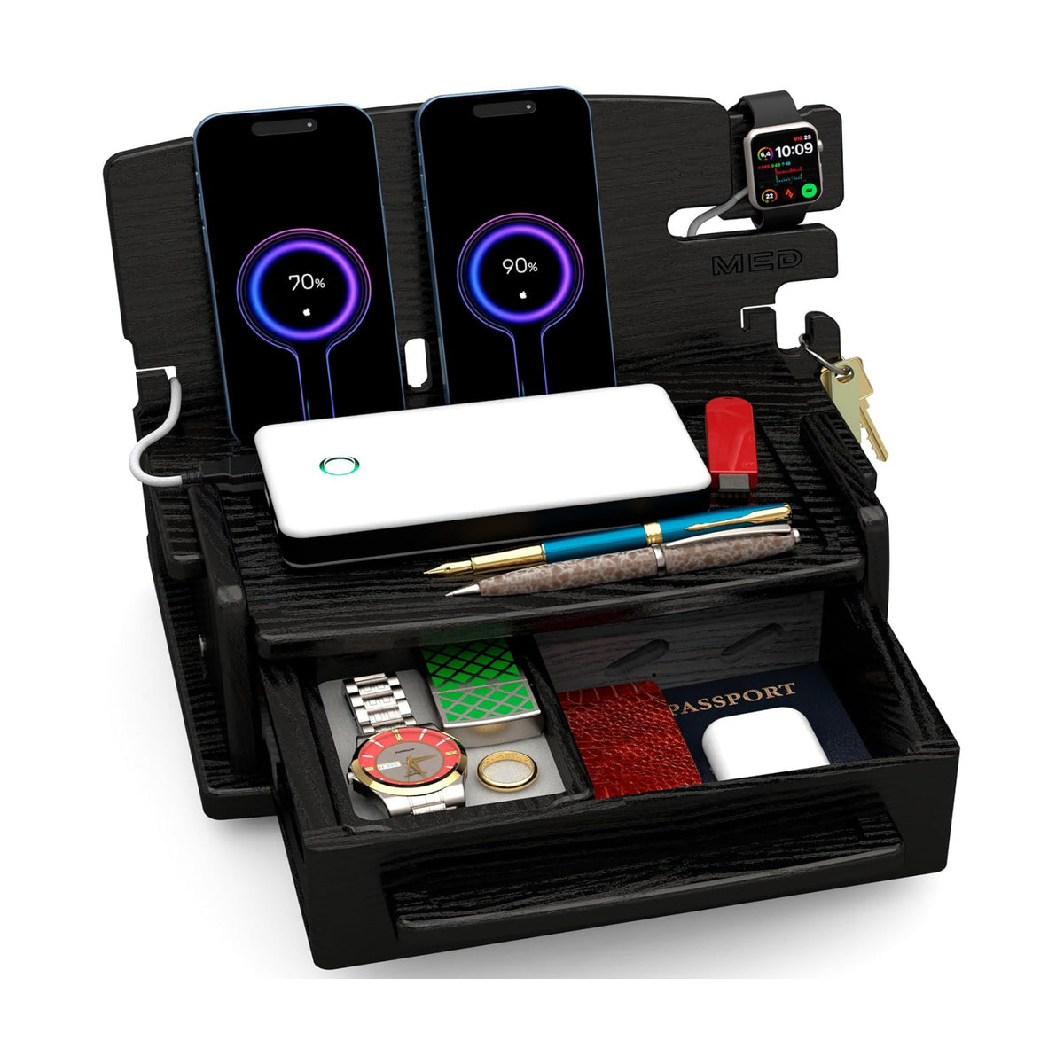 MED Premium Wood Phone Docking Station for Men with Drawer - Nightstand & Desk Organizer - Gift for Husband & Dad