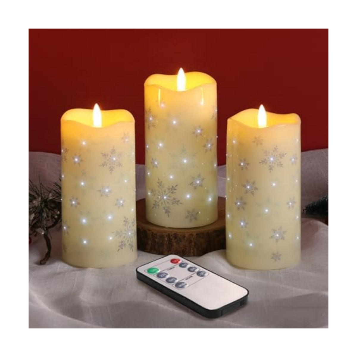 Eywamage Christmas Flameless Pillar Candles with Remote, Snowflakes Fiber Optic LED Candles Battery Operated Set of 3