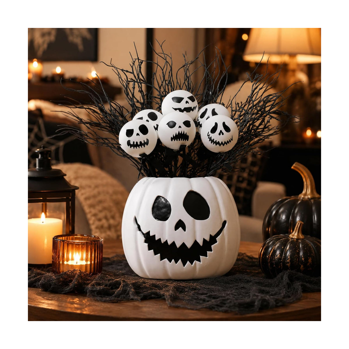 Wiwiqing Halloween Table Centerpieces Decor Resin Pumpkin Vase with Artificial Ghost Skull Face Balls Branch Flower Soil, Retro DIY Spooky Pumpkin Vase for Home Kitchen Indoor Decoration(Scary Face)