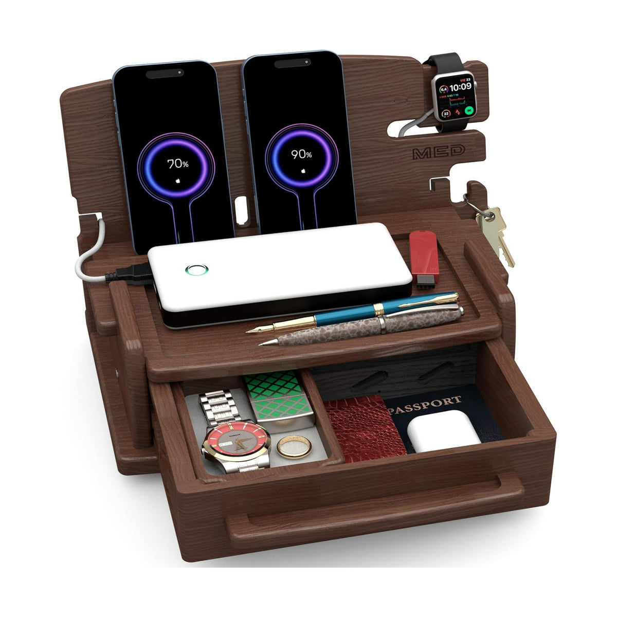 MED Wood Phone Docking Station for Men with Drawer — Nightstand & Desk Organizer for Husband & Dad — Key Holder, Wallet