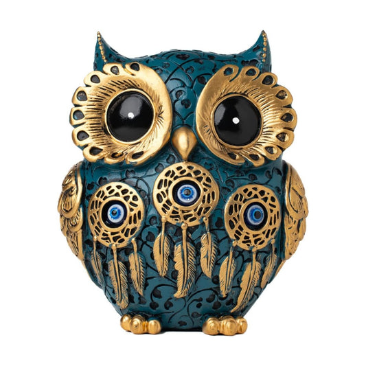 Vintage and Gold Owl Statue Home Decor / Blue