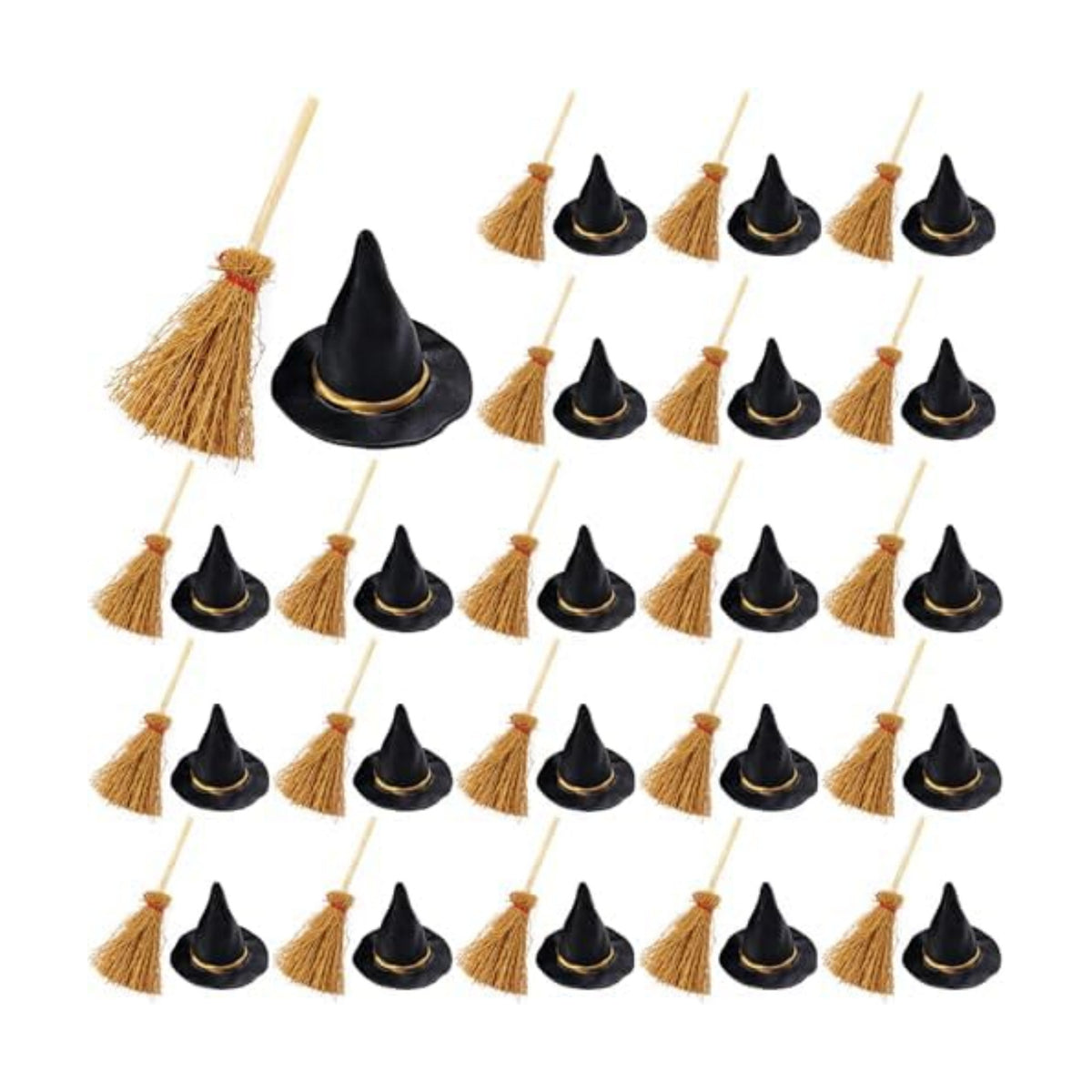 GXXMEI 50PCS/set Mini Witch Hat with Mini Broom Miniature Straw Brooms with Red Rope Plastic Witch Hats and Brooms for Halloween for Halloween Party Craft Witches Decoration Accessory