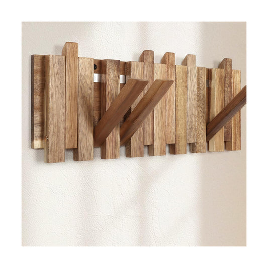 Rustic Wooden Folding 8 Hooks Mount Decorative Piano Hanger / Staggered Style / 16.5 Inch
