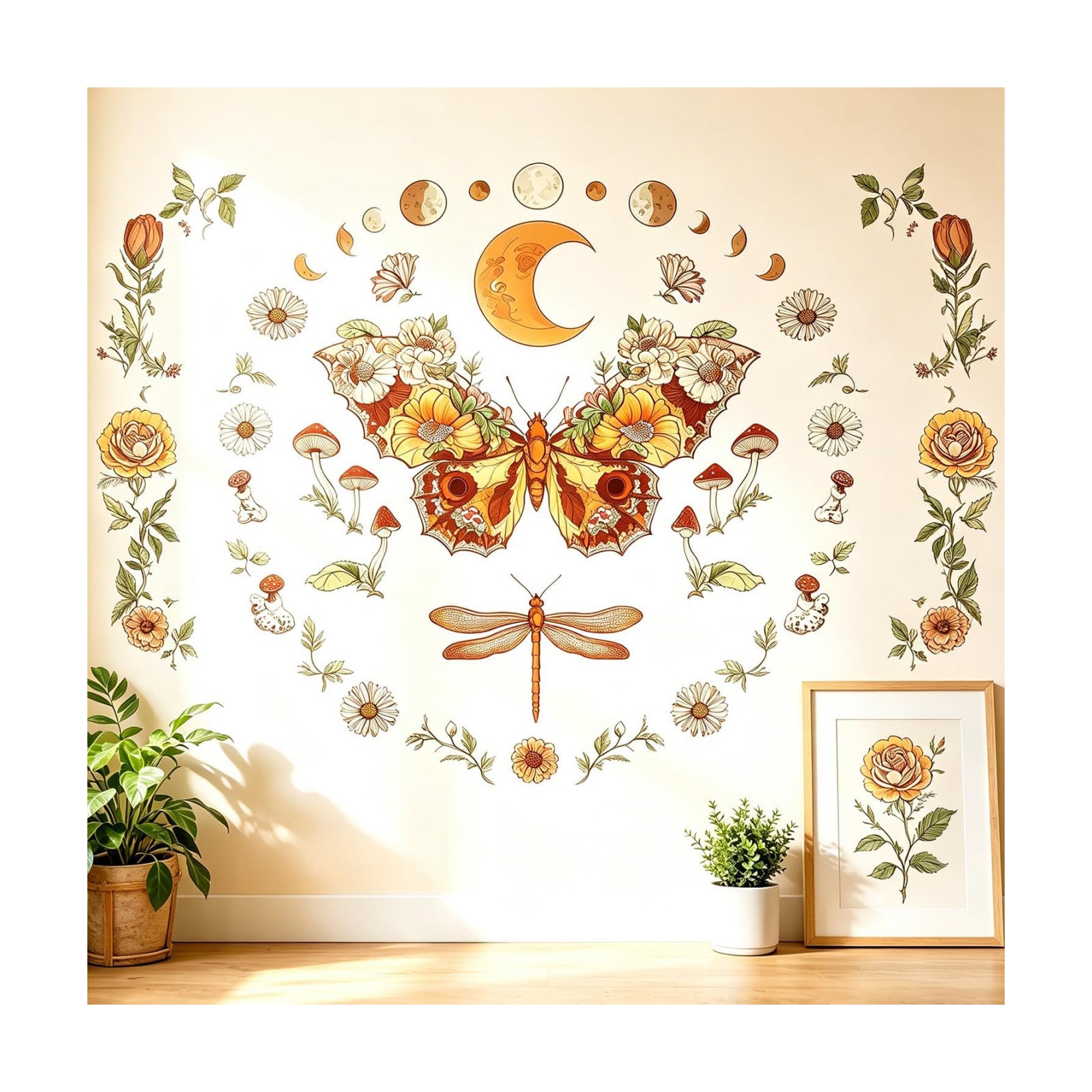 Boho Flowers Butterfly Wall Decals Peel and Stick / Brown, Orange, Green, Beige, Multicolor