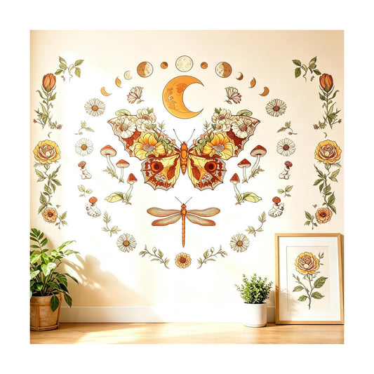 Boho Flowers Butterfly Wall Decals Peel and Stick / Brown, Orange, Green, Beige, Multicolor