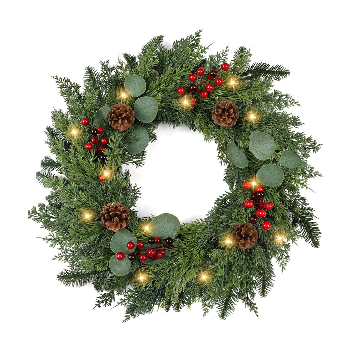 Christmas Wreath with Lights 24 Inch Real Touch Pine Wreath with Red Berries/Pine Cone Prelit Christmas Wreaths for Front Door Outdoor Christmas Decorations Winter Wreath for Windows Indoor Holiday