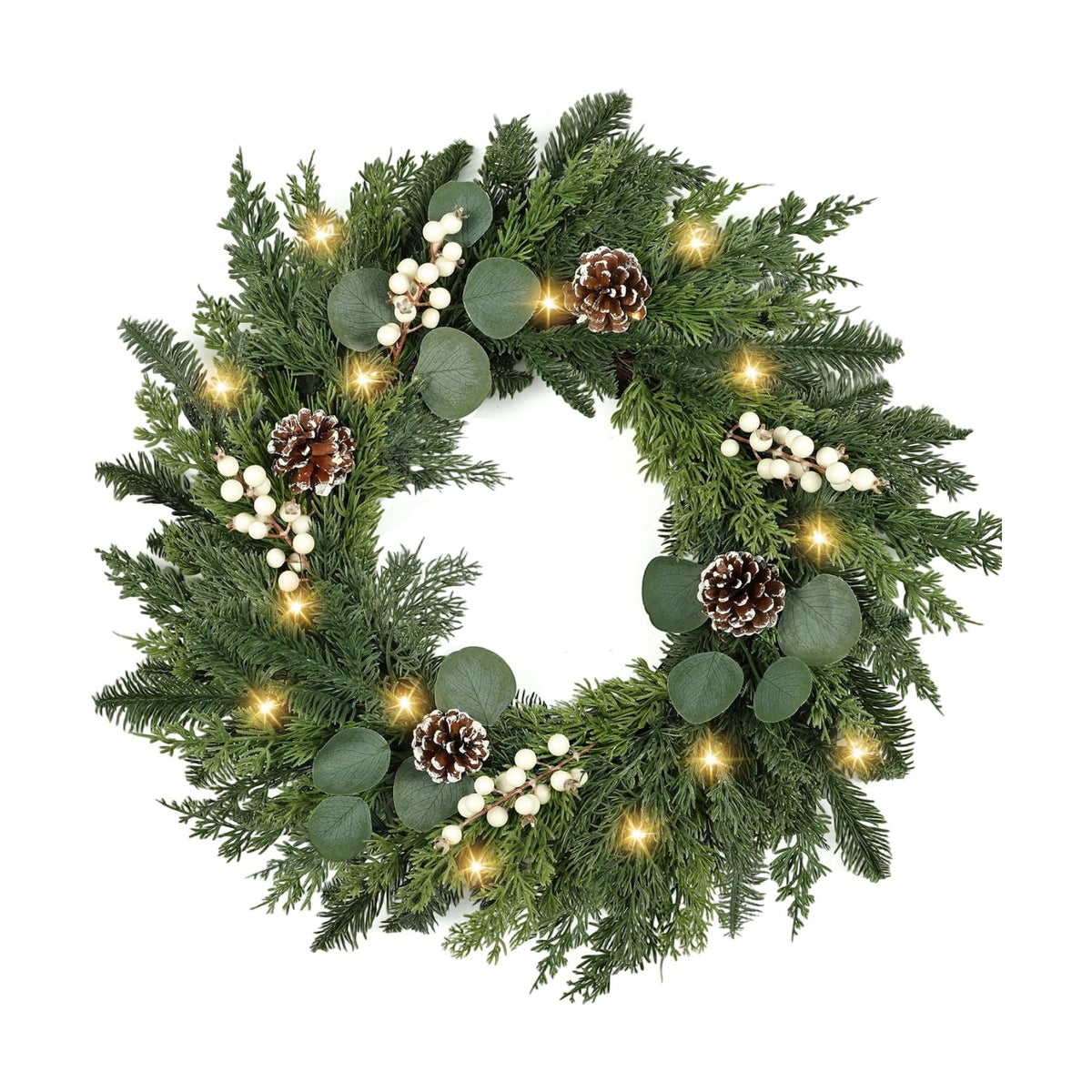 Christmas Wreath with Lights 24 Inch Real Touch Pine Wreath with White Berries/Pine Cone Prelit Christmas Wreaths for Front Door Outdoor Christmas Decorations Winter Wreath for Home Indoor Holiday