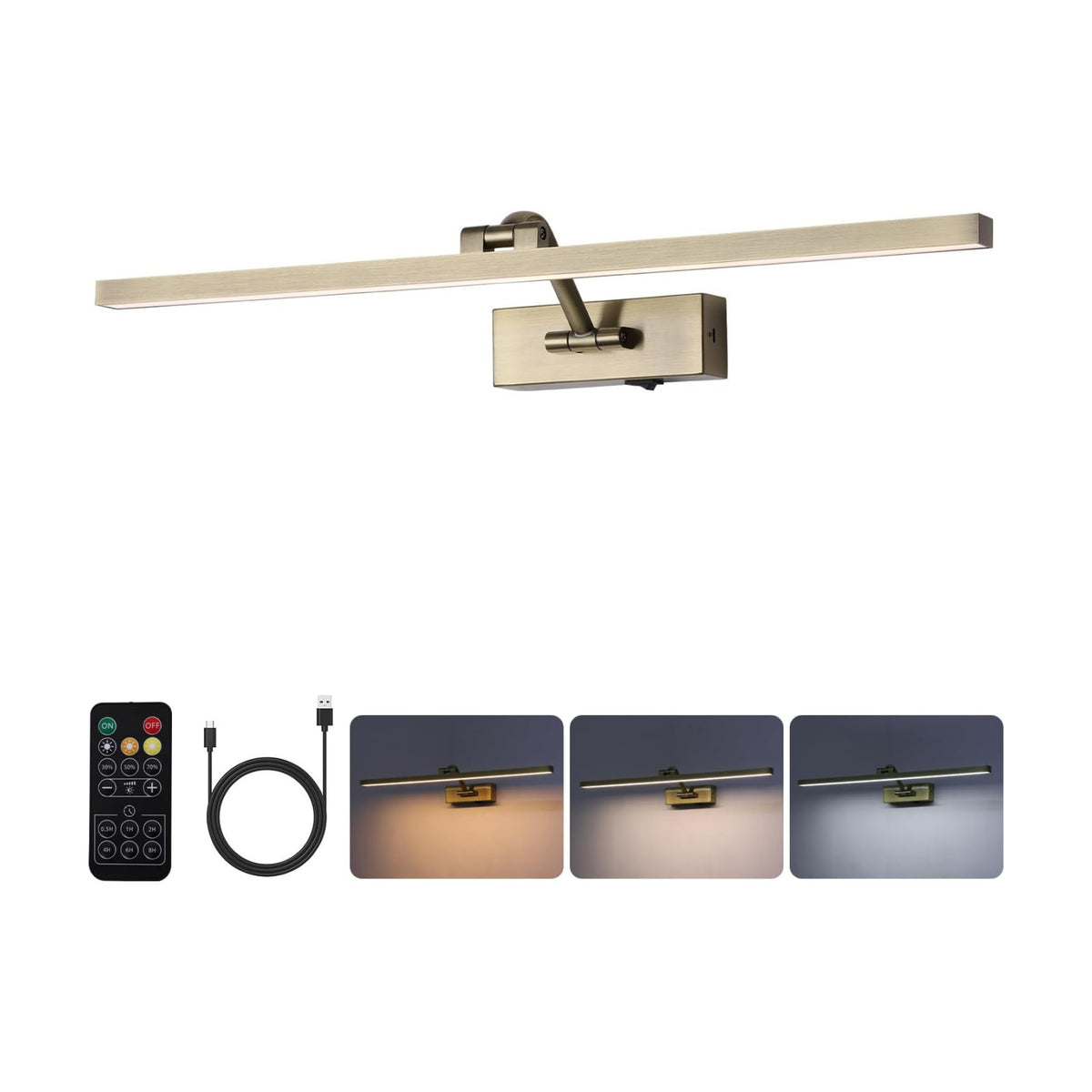 10000mAh Picture Light Battery Operated,23.6In Antique Bronze Wireless Rechargeable Picture Light 3 Colors Dimmable Art