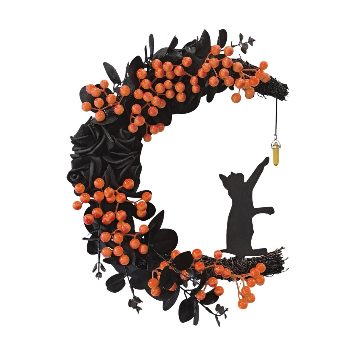 Halloween Decorations Black Cat Half-Moon Wreath with Black Rose & Berry