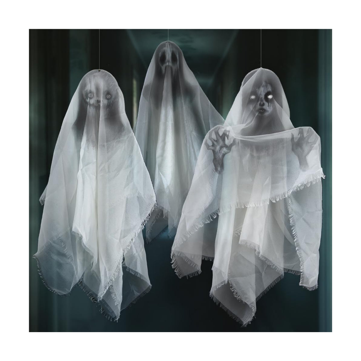 Cheerland Hanging Ghost Halloween Decoration Creepy Floating Ghost Garland Flying Ghouls for Haunted Mansion House Horror Parties Spooky Birthday Party Banner Scary Terror Fabric Yard Decor