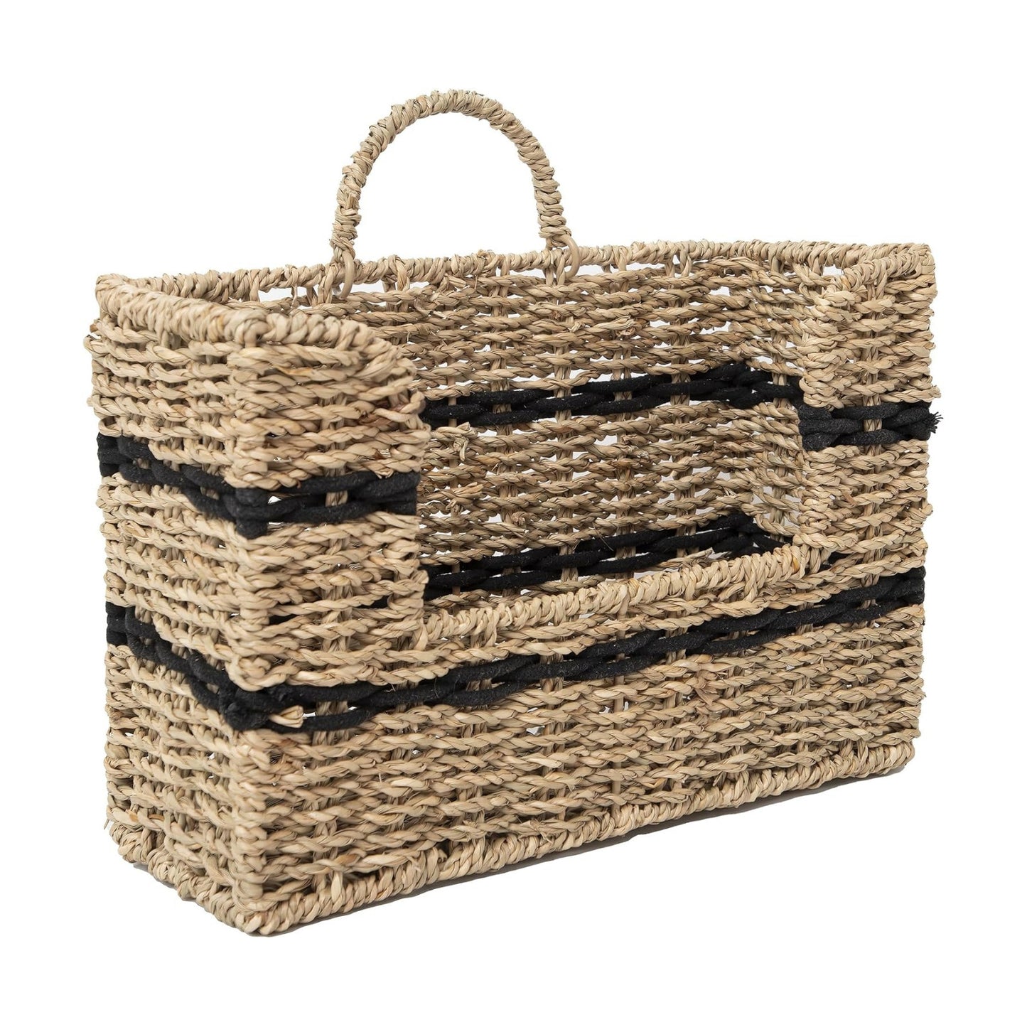 Handmade Seagrass Woven Hanging Basket / Rectangular Opening / Black / 11.81 x 4.33 x 7.87