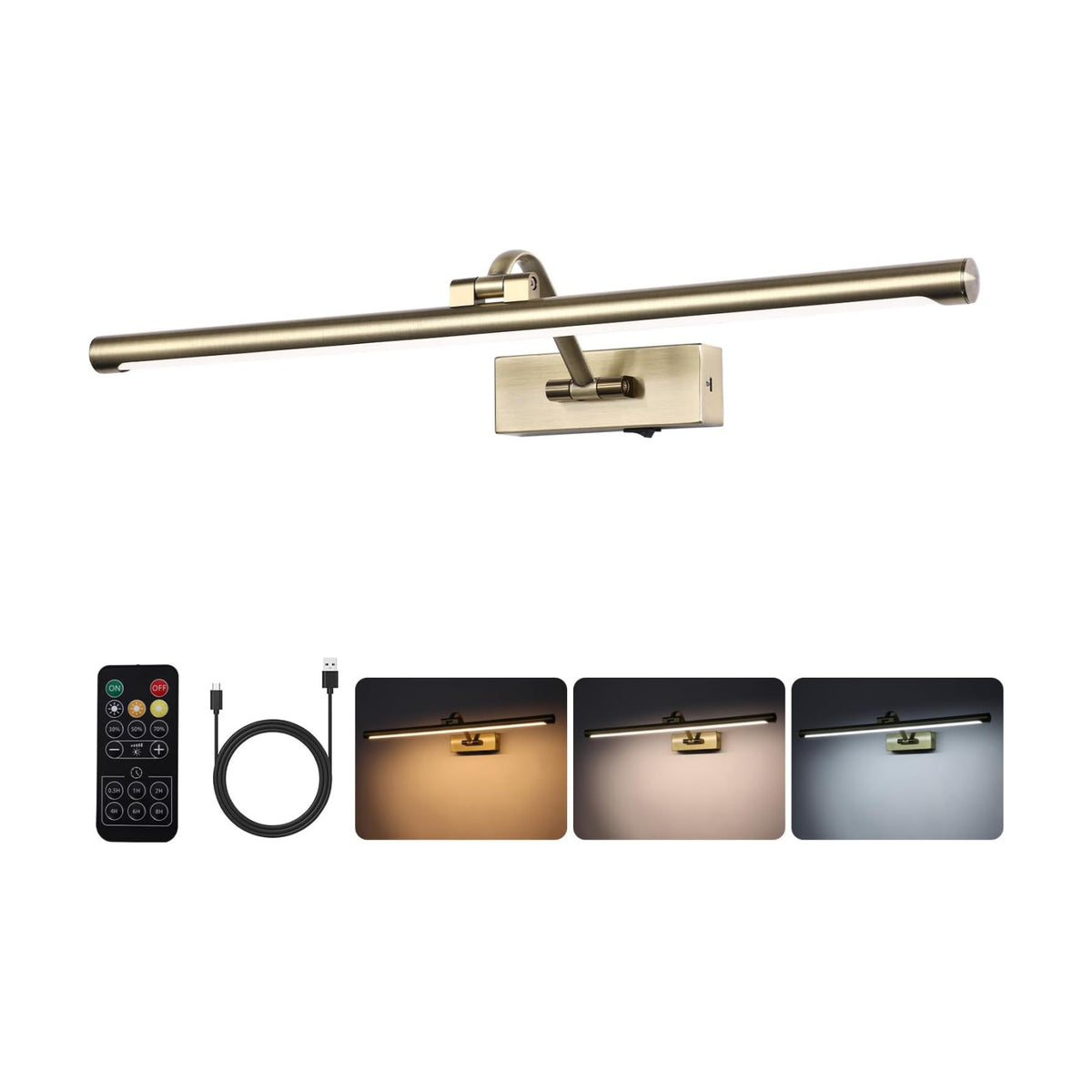 Antique Bronze LED Wireless Picture Lights for Wall Rechargeable, Battery Operated Art Light for Paintings, 3CCT