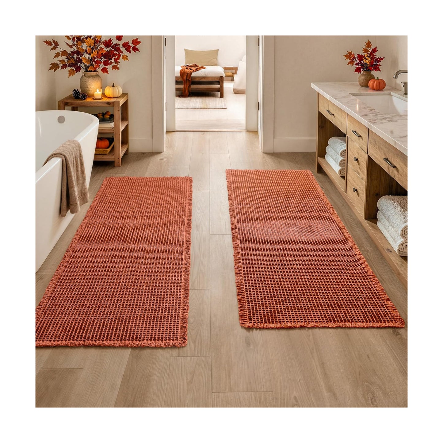 MIULEE Fall Orange Set of 2 Waffle Bathroom Runner Rugs 2'x5'(24"x60")