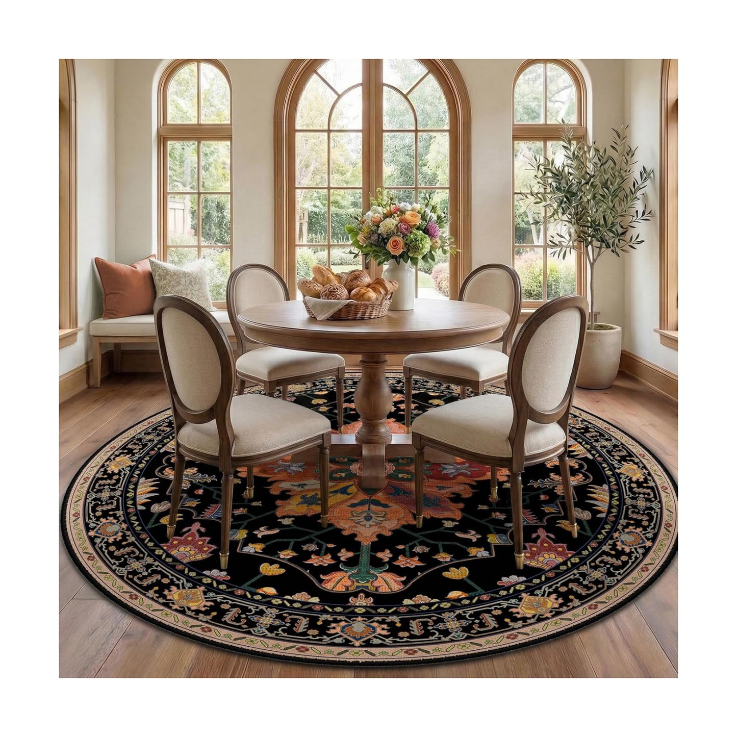 RELEANY Washable Area Rug, Round 7ft, Black/Colorful