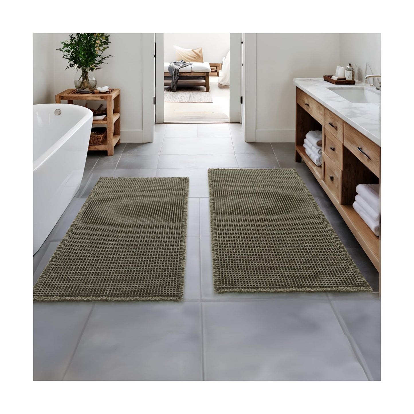 MIULEE Set of 2 Waffle Bathroom Runner Rugs Green 2'x5'(24"x60")