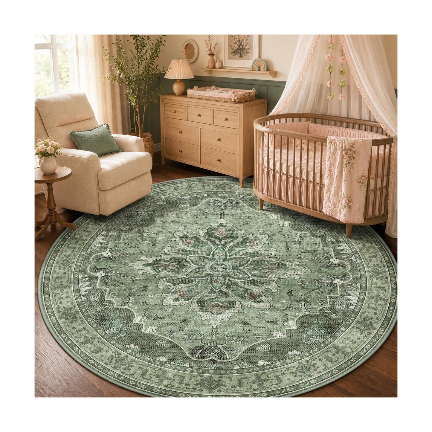 RELEANY Washable Area Rug, Round 5ft, Green/Dark Green/Gray