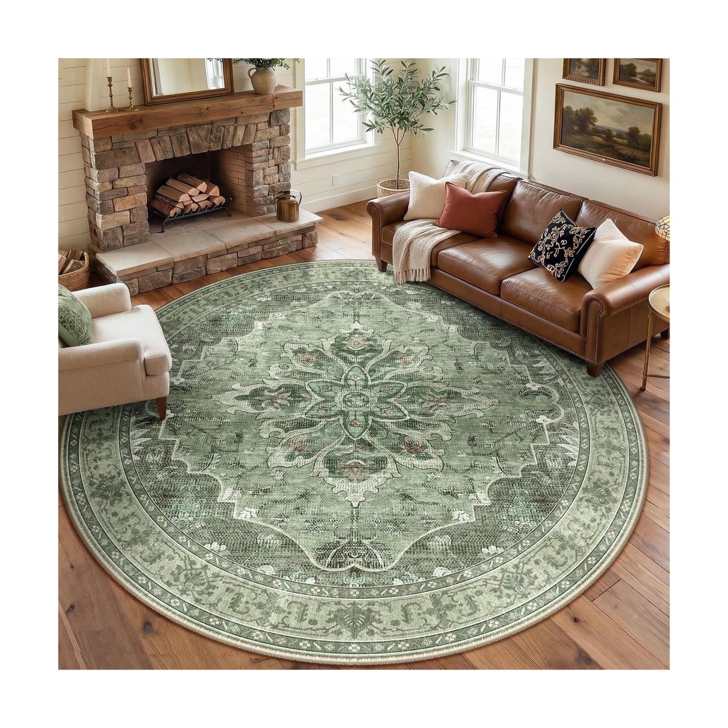 RELEANY Washable Area Rug, Round 8ft, Green/Dark Green/Gray