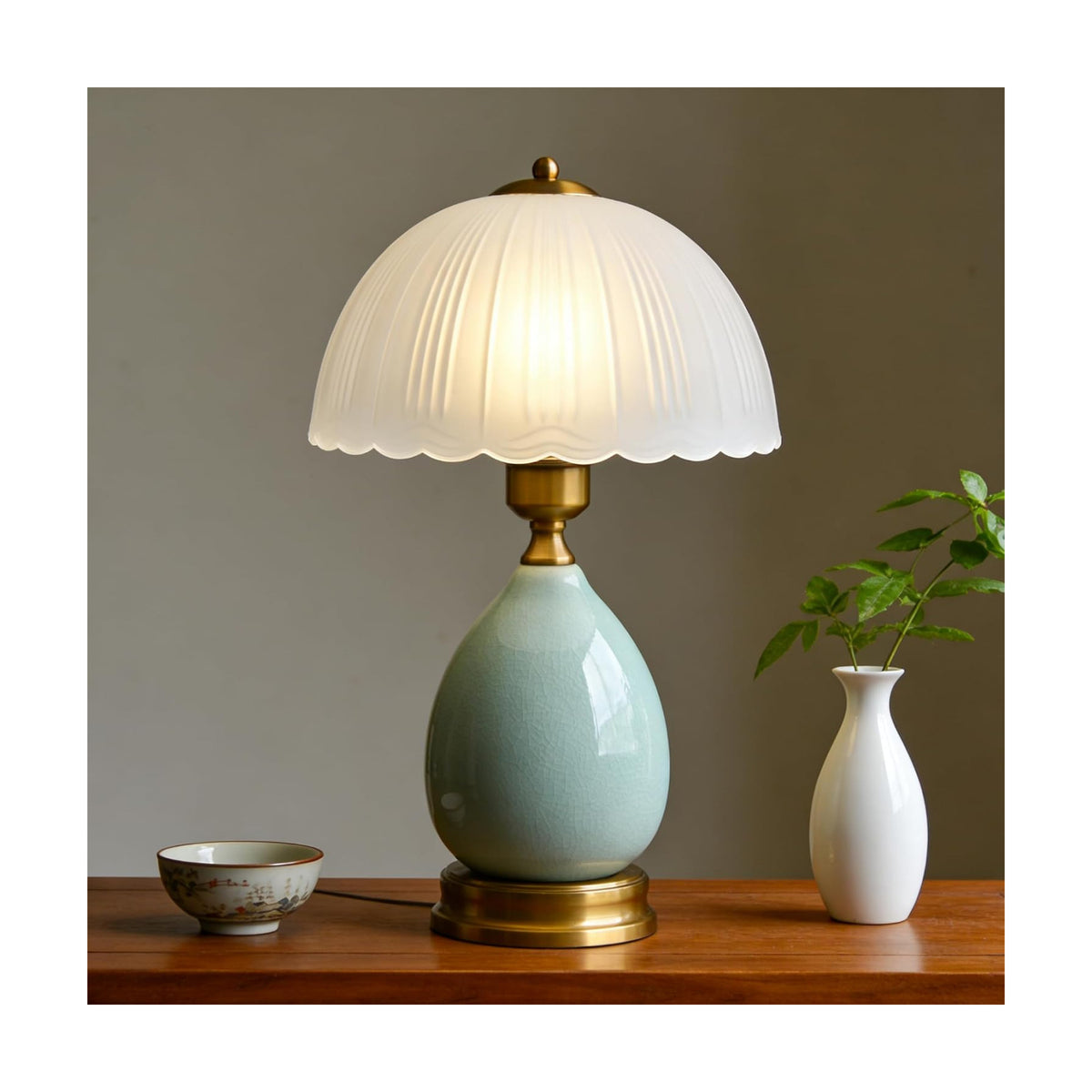Ceramic Retro Table Lamp, Vintage, 15", Chinoiserie Green Glass | Traditional Design, For Living Room, Bedside