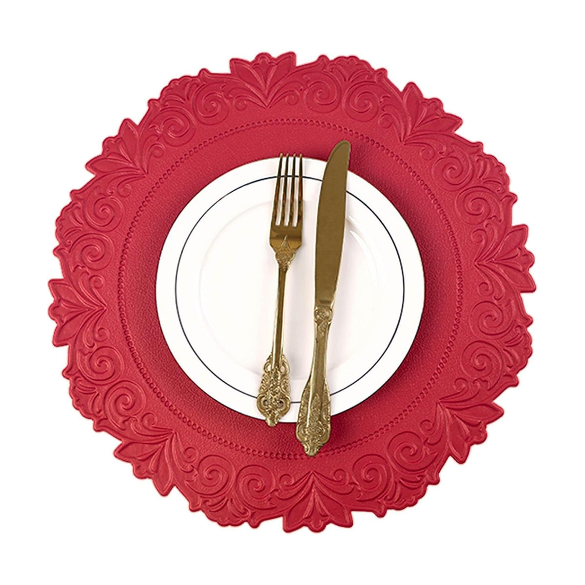 Round Faux Leather Placemats Set of 6, Dining Table Mats, Holly Red