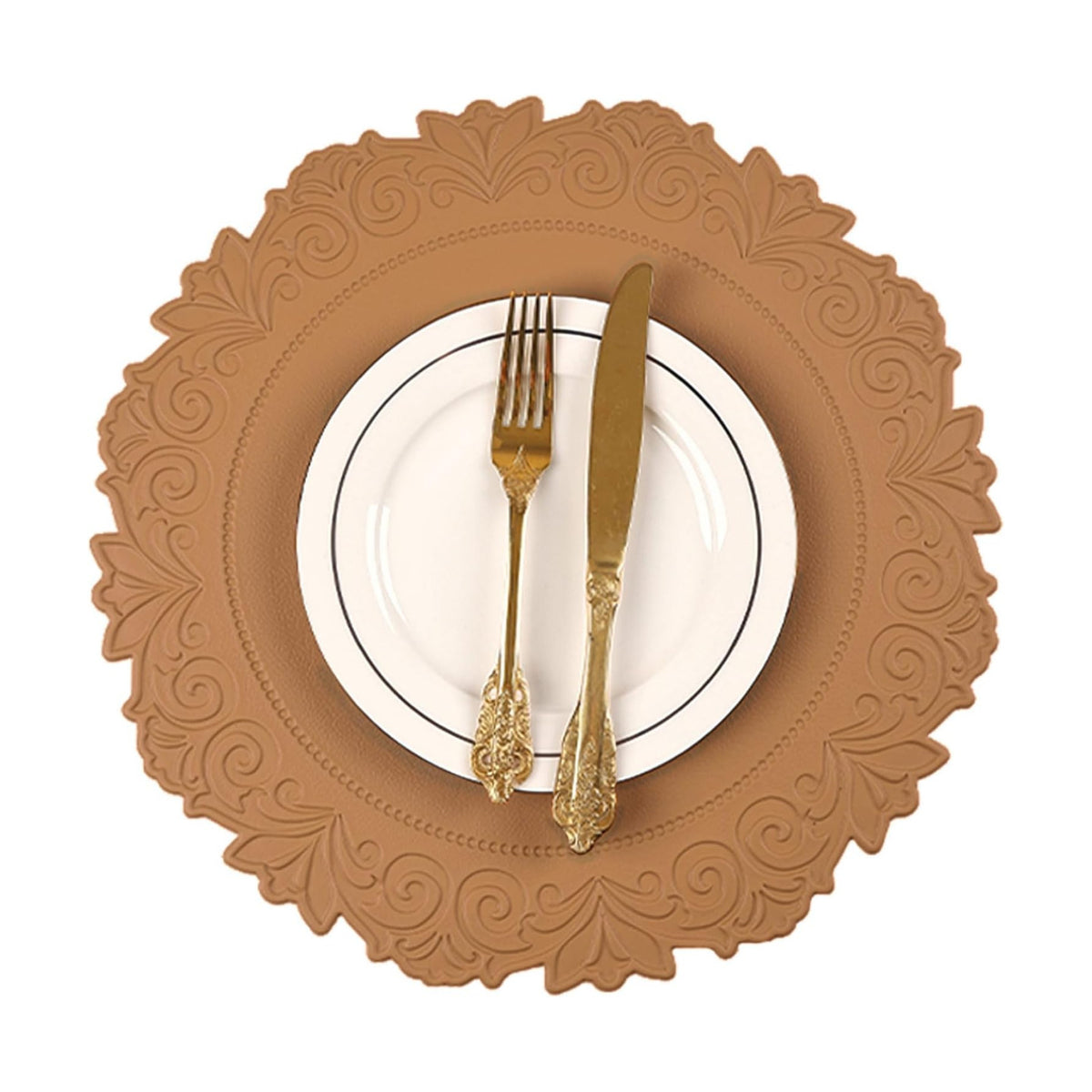 Round Faux Leather Placemats Set of 4, Dining Table Mats, Umber Brown