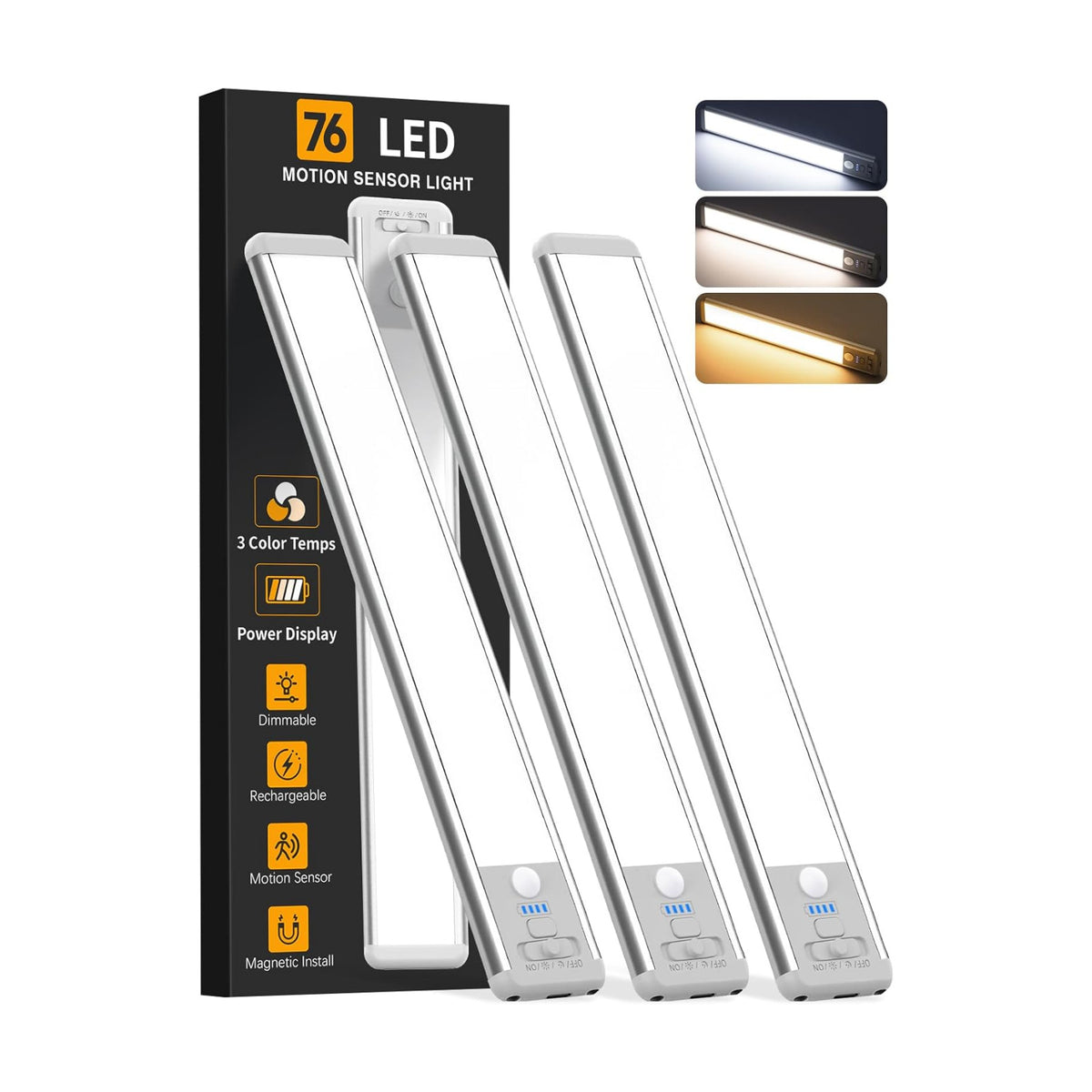 Under Cabinet Lighting Wireless, 10inch Motion Sensor Light Indoor, 3Pack | Rechargeable, 3 Color Temps, Dimmable