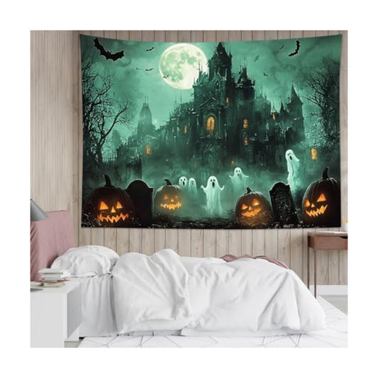 HVEST Horror Halloween Tapestry Wall Hanging Scary Bat Ghost and Spooky Pumpkin Wall Art Gothic Haunted House and Full Moon Halloween Tapestry for Bedroom Living Room Dorm Wall Decor, 51L X 59W inches