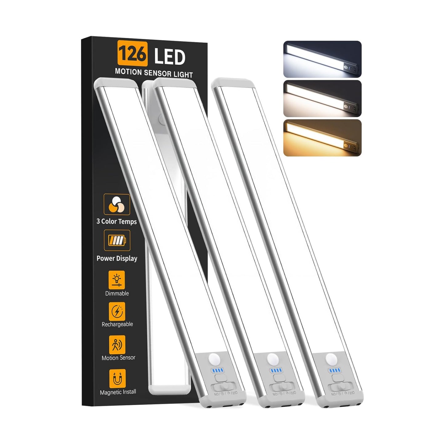 Under Cabinet Lighting Wireless, 15inch Motion Sensor Light Indoor, 3Pack | Rechargeable, 3 Color Temps, Dimmable