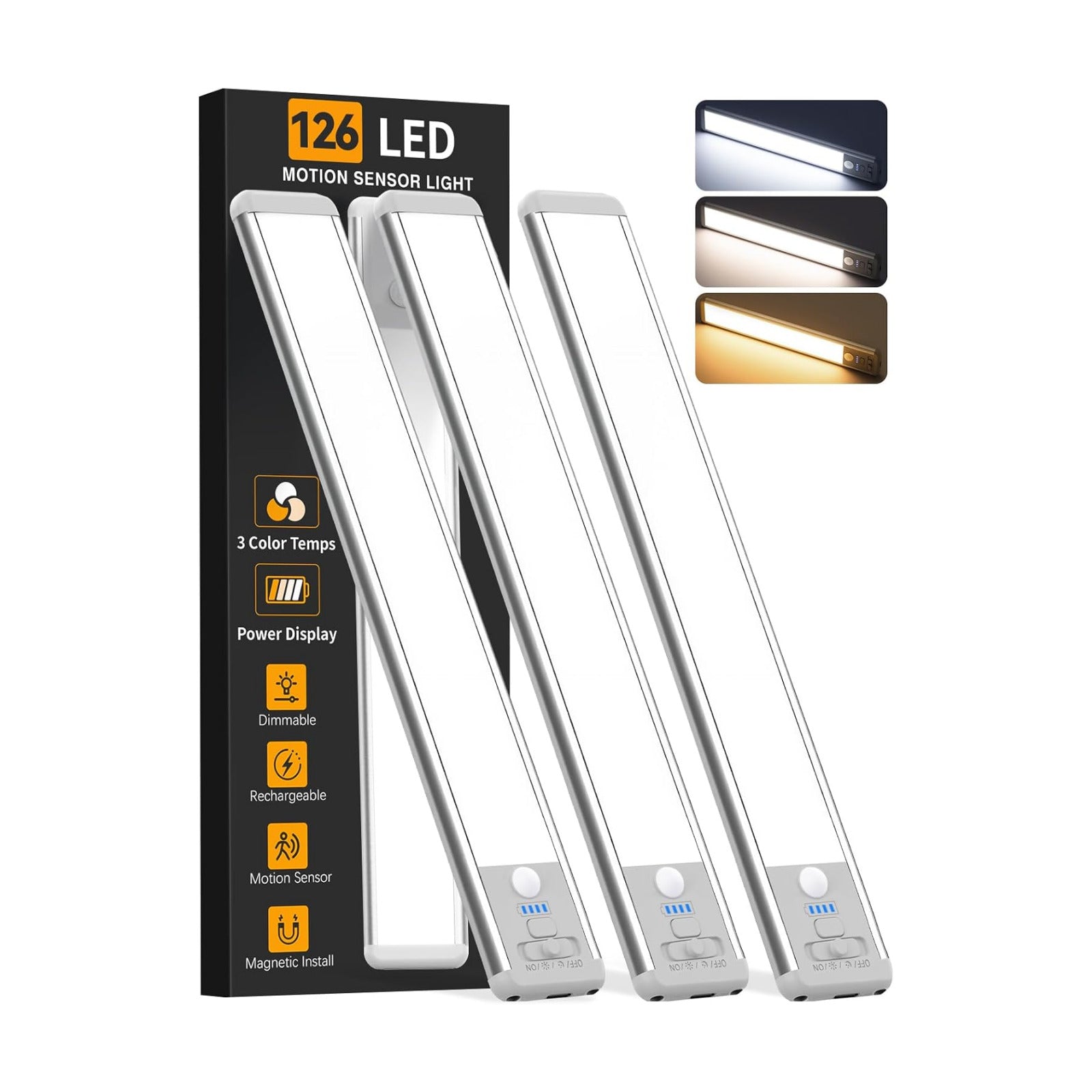 Under Cabinet Lighting Wireless, 15inch Motion Sensor Light Indoor, 3Pack | Rechargeable, 3 Color Temps, Dimmable
