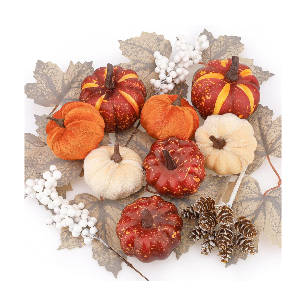 25Pcs Artificial Velvet Pumpkins Fall Decor Set Maple Pine Cones