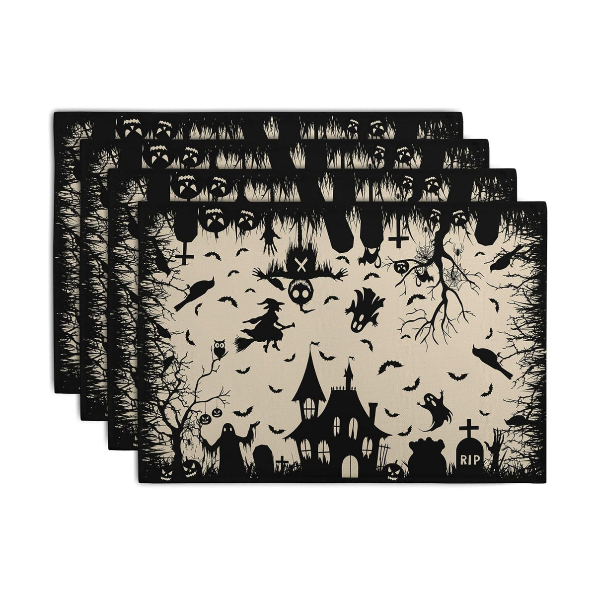 Halloween Placemats 12x18 Inch Set of 4 Black White Witch Castle Ghost Place Mats Spooky Haunted House Bats Tree Crow Table Mat for Party Kitchen Dining Outdoor Indoor Decor