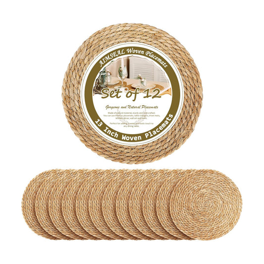 13 Inch Placemats Set of 12, Boho Round Rattan Place Mats for Dining Table Decor, Rustic Woven Chargers for Dinner