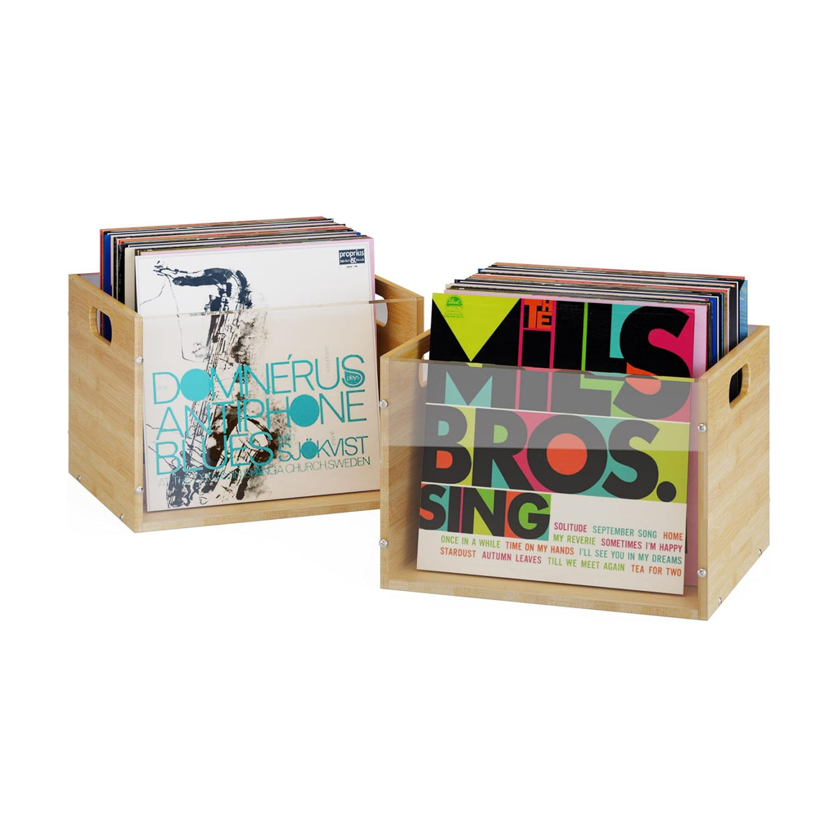 X-cosrack 2-Pack Vinyl Record Storage Box, Bamboo & Acrylic Crate | Visible Vinyl Record Holder with Handle, Cube CD