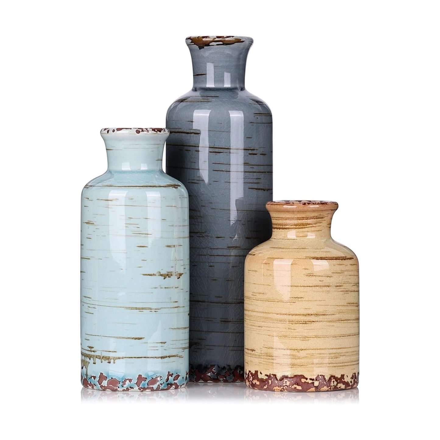 Ceramic Vase Set - 3 Small Flower Vases Home Decor, Modern Rustic Farmhouse Pottery Vases for Centerpieces, Living