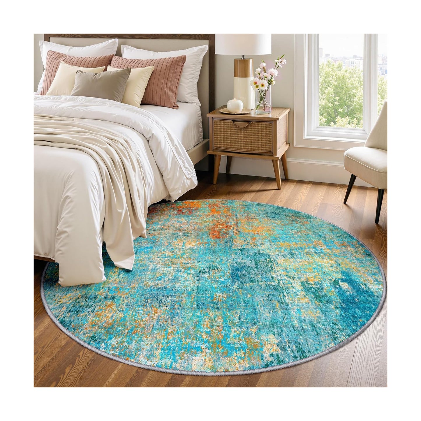 RELEANY Washable Round 4ft Area Rug for Living Room Teal Multi