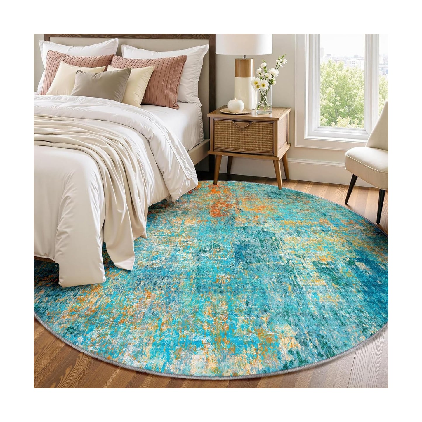 RELEANY Washable Round 6ft Area Rug for Living Room Teal Multi