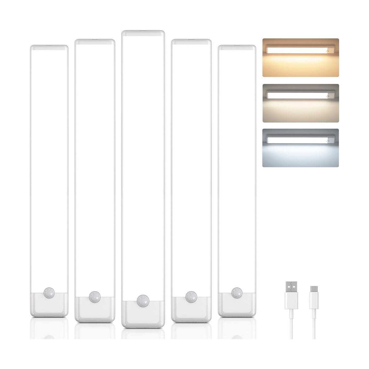 5-Pack Motion Sensor Under Cabinet Light, 3CCT, 11.8inch | 3 Color Temperature, Dimmable, Rechargeable, Magnetic Closet