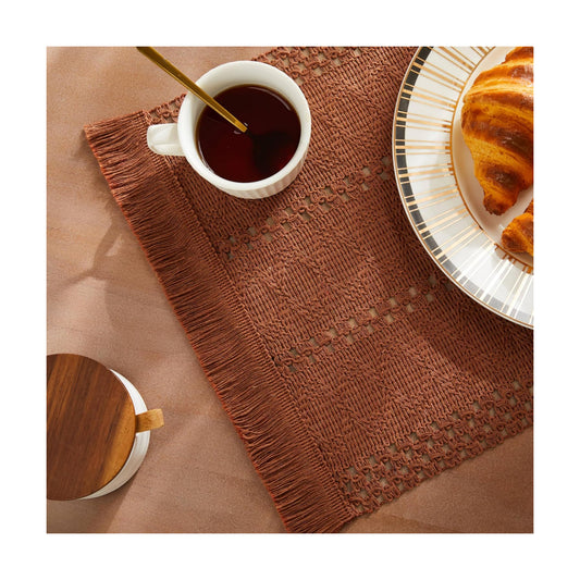 Macrame Style Boho Placemats Set of 6, Terracotta 12x20 Inch | Decorative Farmhouse Table Mats, Natural Cotton Woven