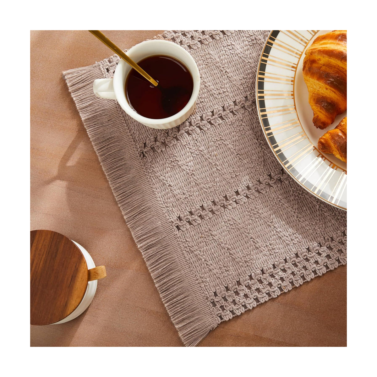 Macrame Style Boho Placemats Set of 6, Taupe 12x20 Inch | Decorative Farmhouse Table Mats, Natural Cotton Woven Place