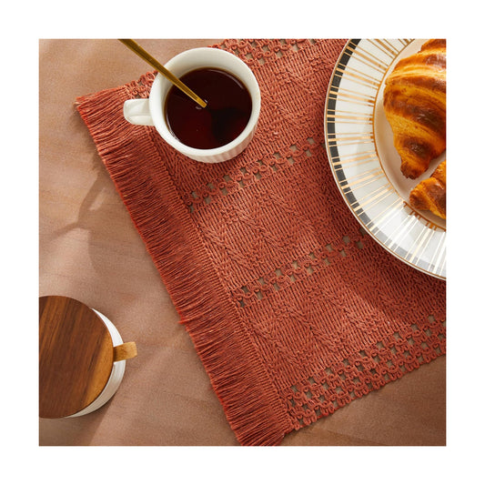 Macrame Style Boho Placemats Set of 6, Rust 12x20 Inch | Decorative Farmhouse Table Mats, Natural Cotton Woven Place