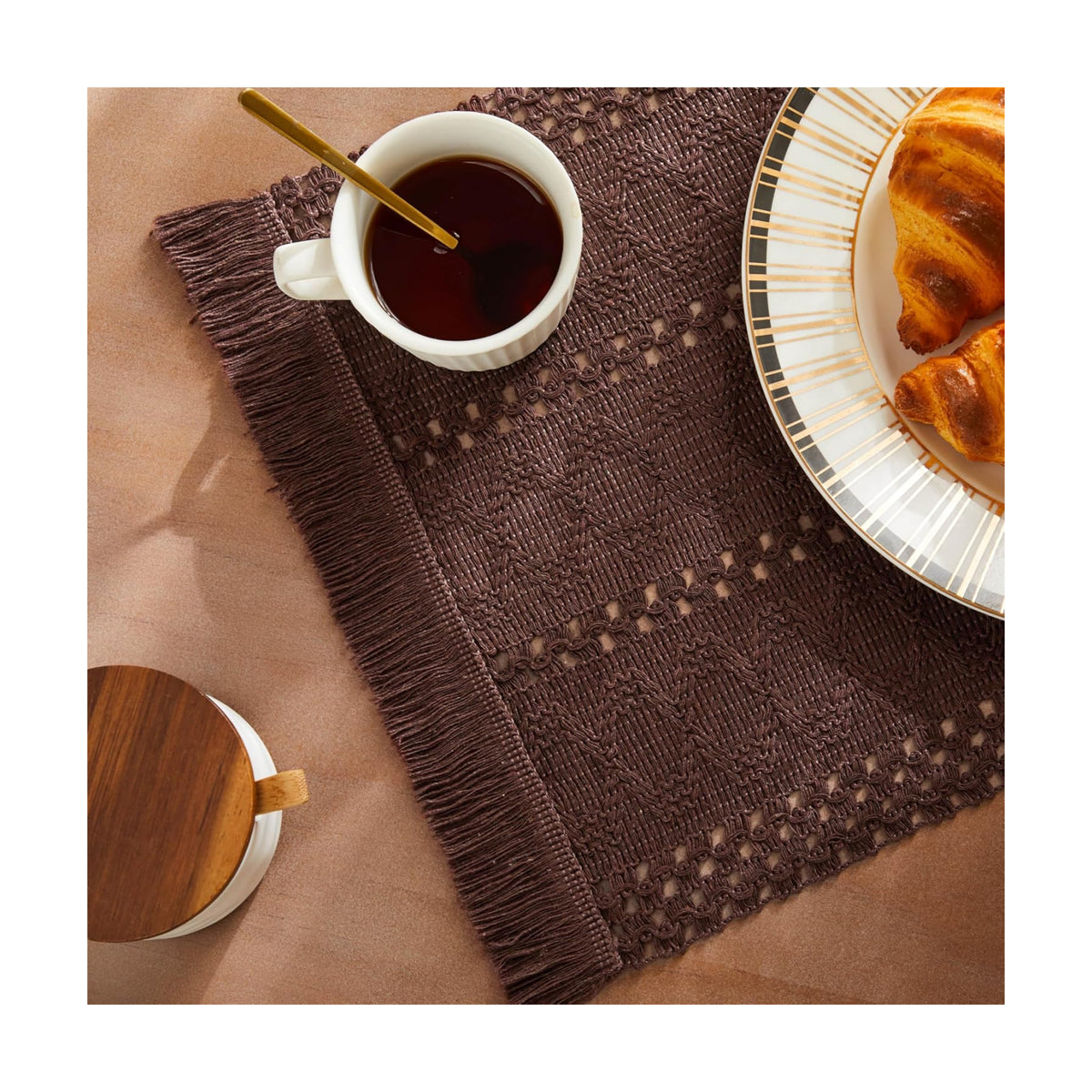 Macrame Style Boho Placemats Set of 6, Chocolate 12x20 Inch | Decorative Farmhouse Table Mats, Natural Cotton Woven