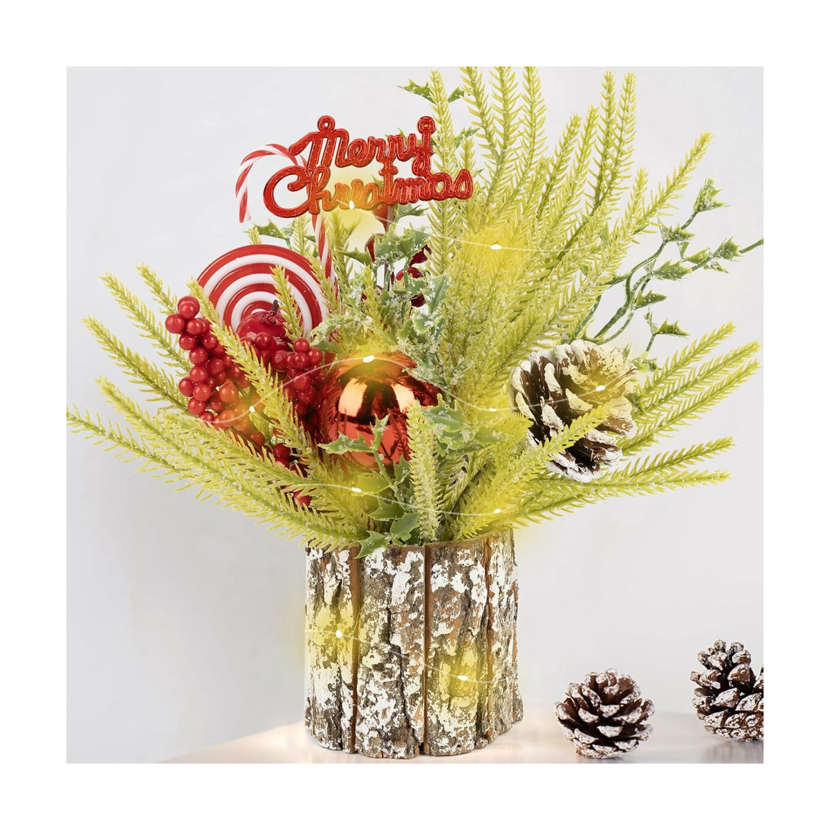 Small Table Top Christmas Tree with Lights, Mini Christmas Tree Decorations with Merry Christmas Candy Canes Pine Cones Berries Balls Ornaments for Home Party Centerpiece Decor, 12Inch, Green