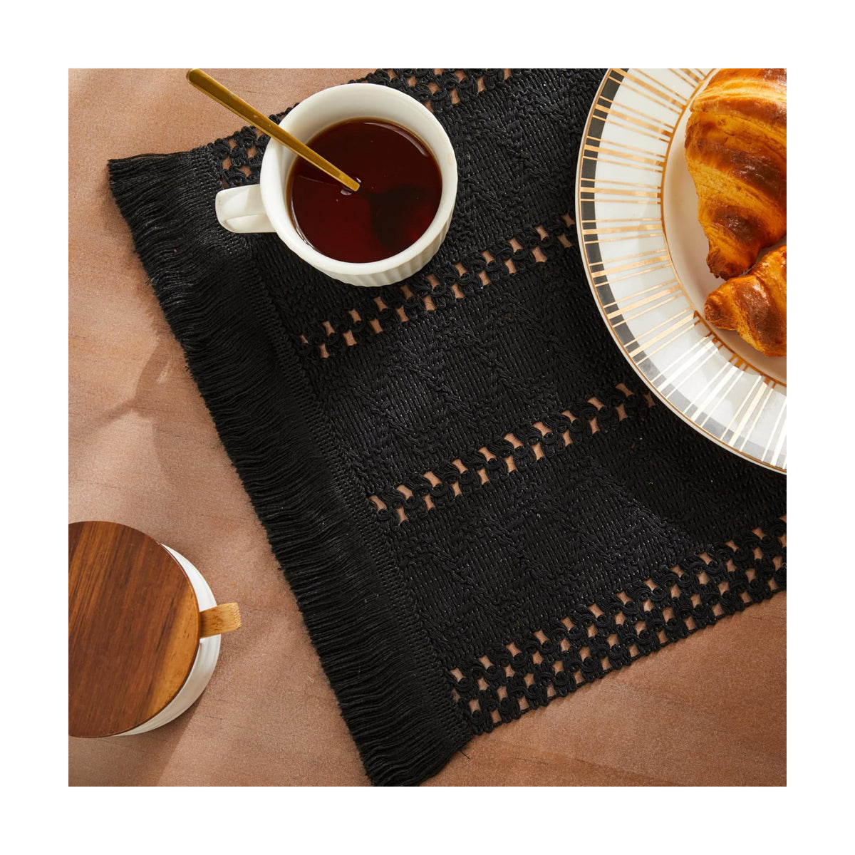 Macrame Style Boho Placemats Set of 6, Black 12x20 Inch | Decorative Farmhouse Table Mats, Natural Cotton Woven Place