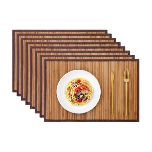 Bamboo Placemats Set of 8 with Fabric Border, Table Mats, Camel | 18" x 12", Natural Bamboo Rectangular Place Mat, for