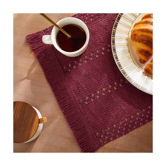 Macrame Style Boho Placemats Set of 6, Burgundy 12x20 Inch | Decorative Farmhouse Table Mats, Natural Cotton Woven