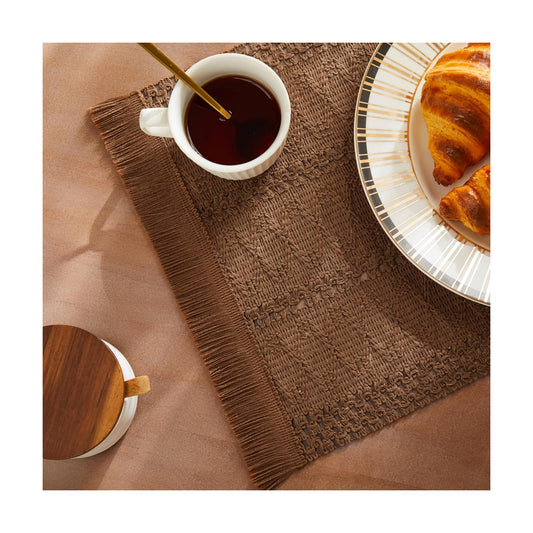 Macrame Style Boho Placemats Set of 6, Caramel 12x20 Inch | Decorative Farmhouse Table Mats, Natural Cotton Woven Place