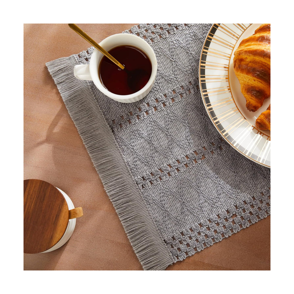 Macrame Style Boho Placemats Set of 6, Grey 12x20 Inch | Decorative Farmhouse Table Mats, Natural Cotton Woven Place