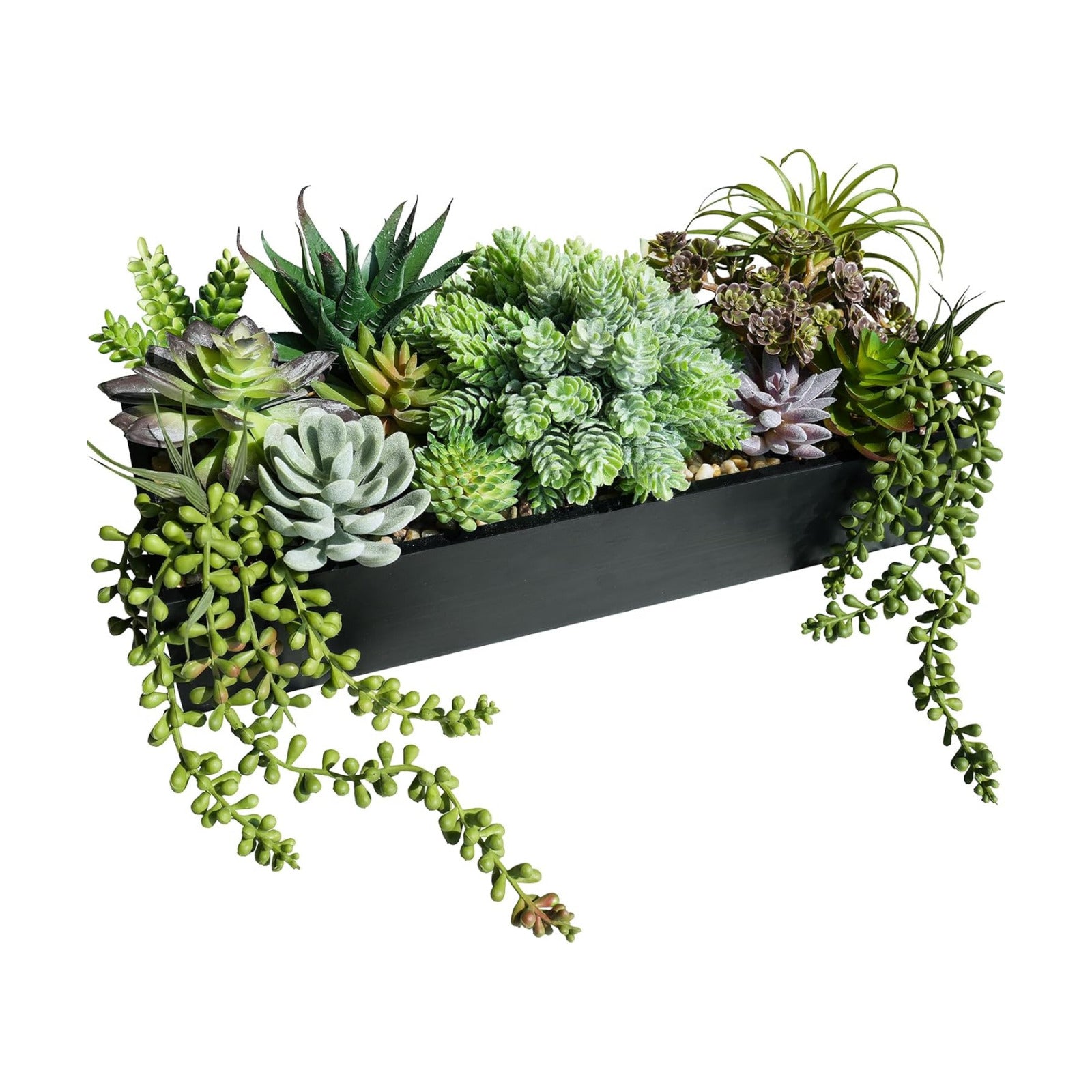 15" Artificial Succulents Arrangement Faux Succulents in Rectangular Wooden Planter Box Faux / Black