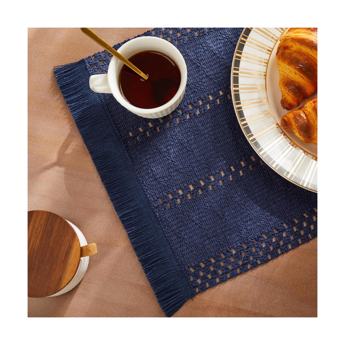 Macrame Style Boho Placemats Set of 6, Navy Blue 12x20 Inch | Decorative Farmhouse Table Mats, Natural Cotton Woven