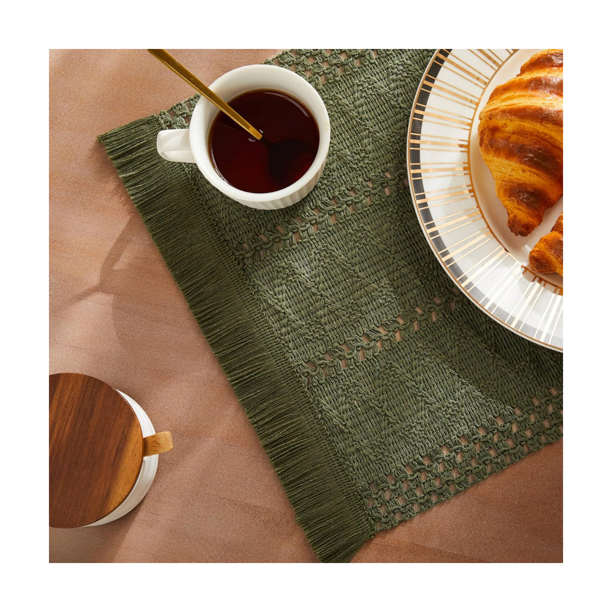 Macrame Style Boho Placemats Set of 6, Olive 12x20 Inch | Decorative Farmhouse Table Mats, Natural Cotton Woven Place