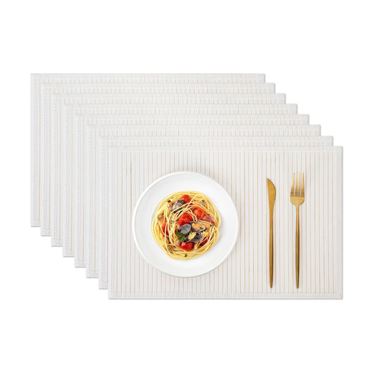 Bamboo Placemats Set of 8 with Fabric Border, Table Mats, White | 18" x 12", Natural Bamboo Rectangular Place Mat, for